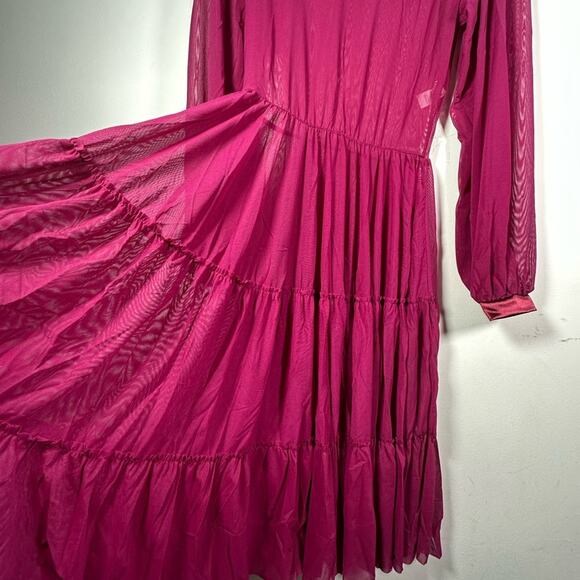 Double Platinum Burgundy wine Sheer Ruffled Tiered Long Sleeve Dress Adult M - Picture 2 of 11